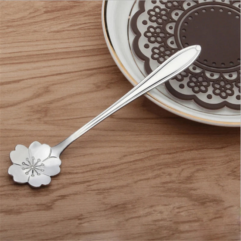 8pcs Stainless Steel Cherry Rose Flower Gold Scoop Coffee Spoon Gifts Kitchen Dessert Tea Accessories Tableware Decoration Set