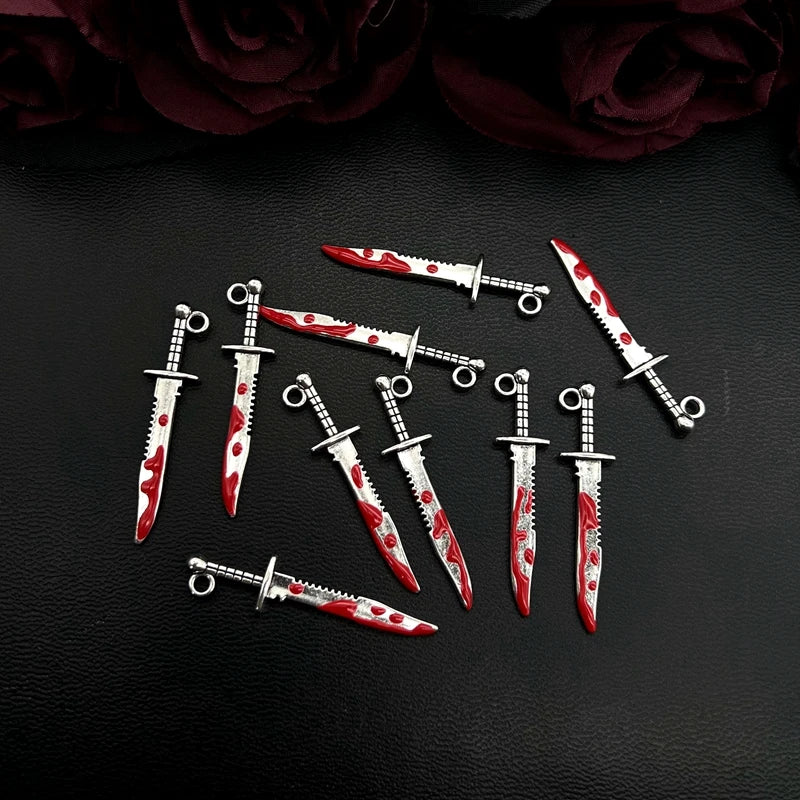 10pcs Halloween Zinc Alloy Silver Bloody Dagger Color Charms Knife Pendants for DIY Bangle Bracelet Findings