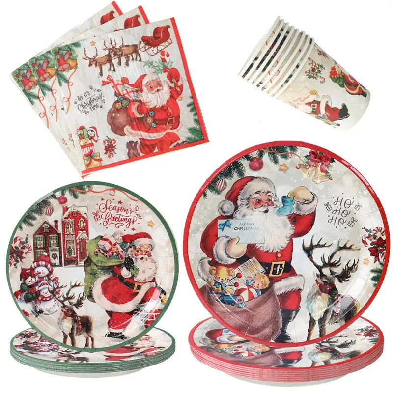 Christmas Party Disposable Tableware Santa Elk Paper Plates Paper Cups Merry Christmas Decorations 2024 For Home Xmas Ornaments