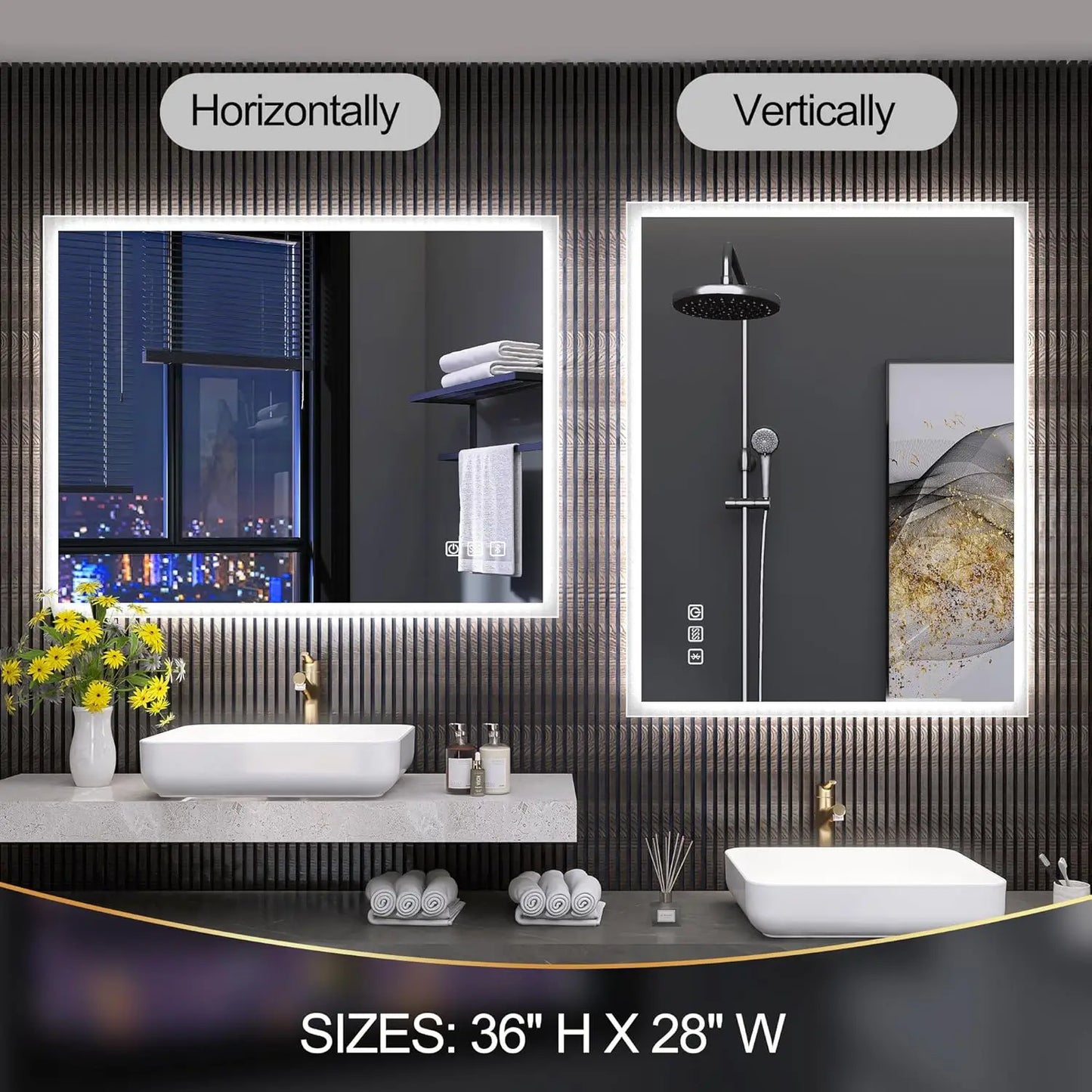 LED-Bathroom-Mirror, 28"x36" Bluetooth-Bathroom-Mirror-with-Lights, Anti-Fog 3 Colors Dimmable Light Memory Waterproof