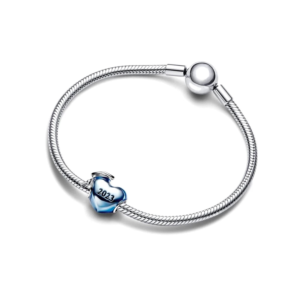 925 Sterling Silver Blue Enamel 2024 Graduation Heart Charm Graduation Cap Fit Pan Bracelet Student Collection Jewelry Gift