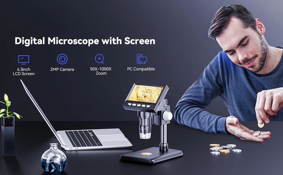 4.3 Inch Digital Microscope 1080P 50-1000x Coin Microscopio 2000mAh Soldering Microscope for Electronics Repair PCB PC Laptop