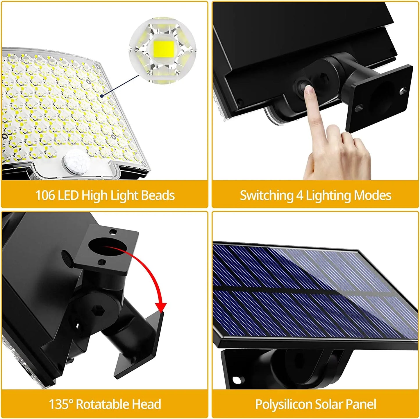 106LED Solar Light Outdoor Waterproof with Motion Sensor Floodlight Remote Control 3 Modes for Patio Garage Backyard