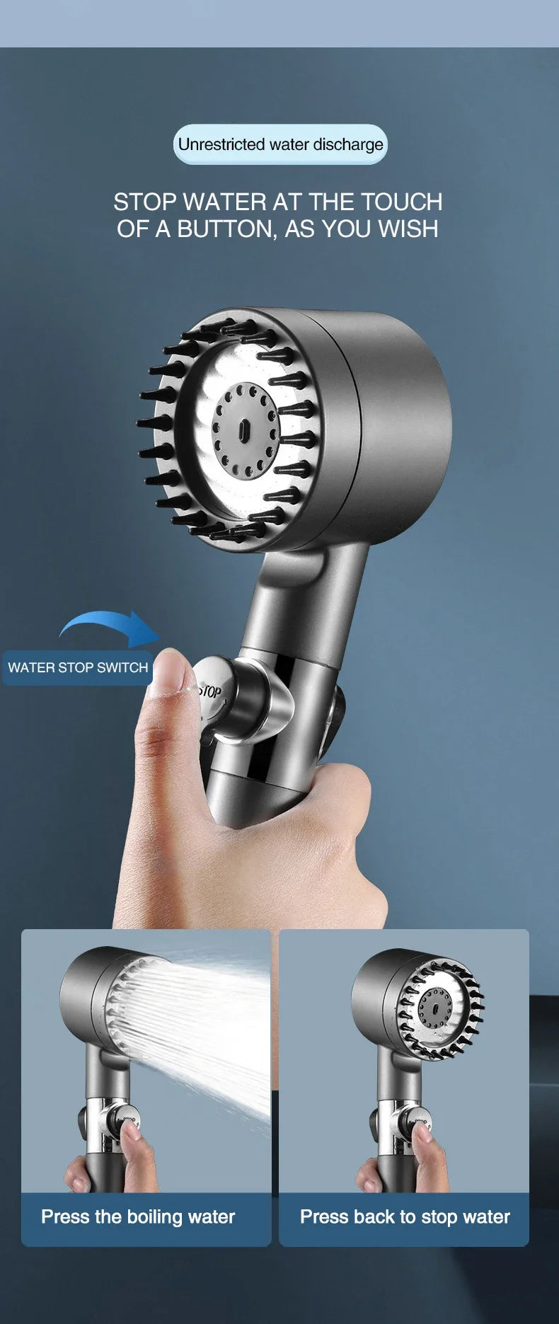 High Pressurized Filter Shower Head 3-mode Adjustable Spray with Massage Brush Rain Faucet Bathroom Accessories