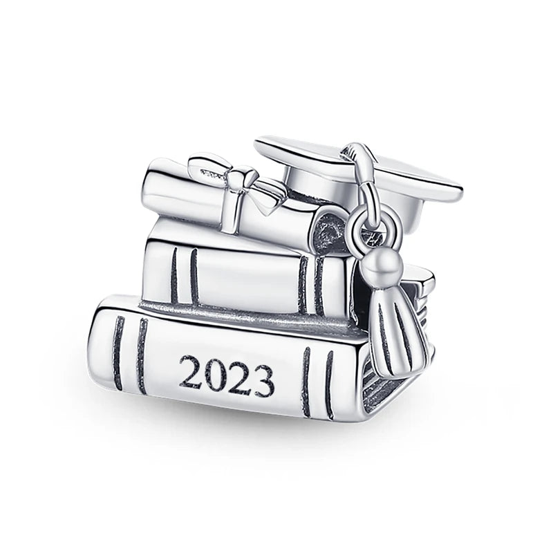 925 Sterling Silver Blue Enamel 2024 Graduation Heart Charm Graduation Cap Fit Pan Bracelet Student Collection Jewelry Gift