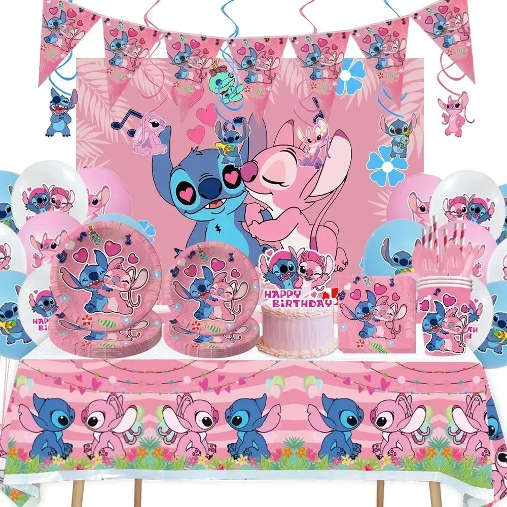 Disney Children's Party Decoration Pink Cartoon Interstellar Stitch Angel Series Disposable Tableware Flag Balloon