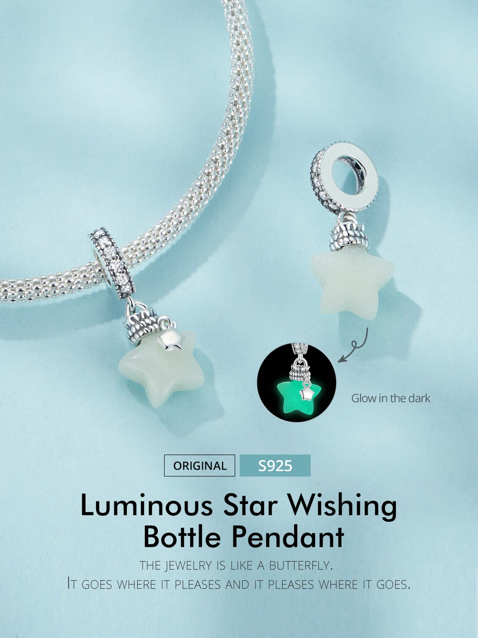 Bamoer 925 Sterling Silver Glow-in-the-dark Shell/Moon Cat/Star Wishing Bottle Pendant Luminous Ocean Charms for Bracelet