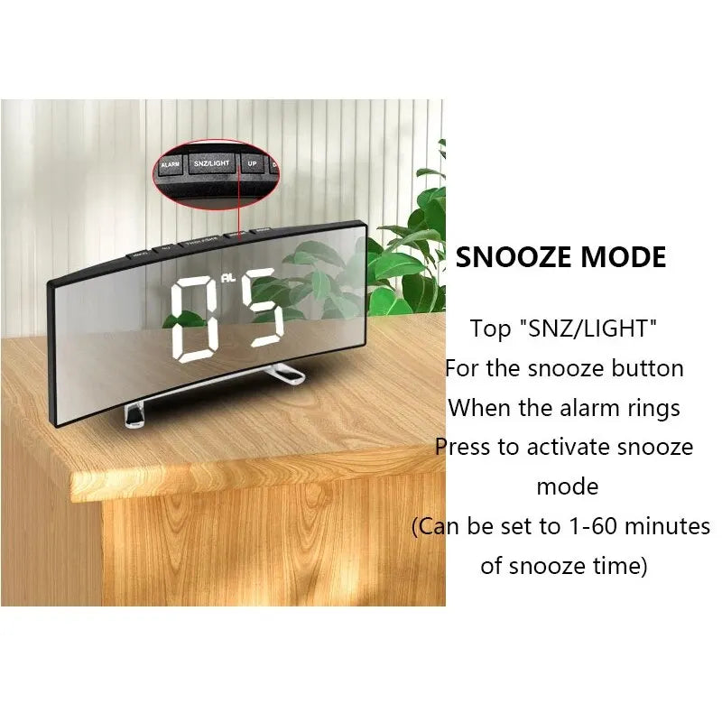 Creative Curved Electronic Clock, LED Large Screen Plug-in Battery Dual-purpose Mirror Alarm Clock, Student Bedroom Dedicated