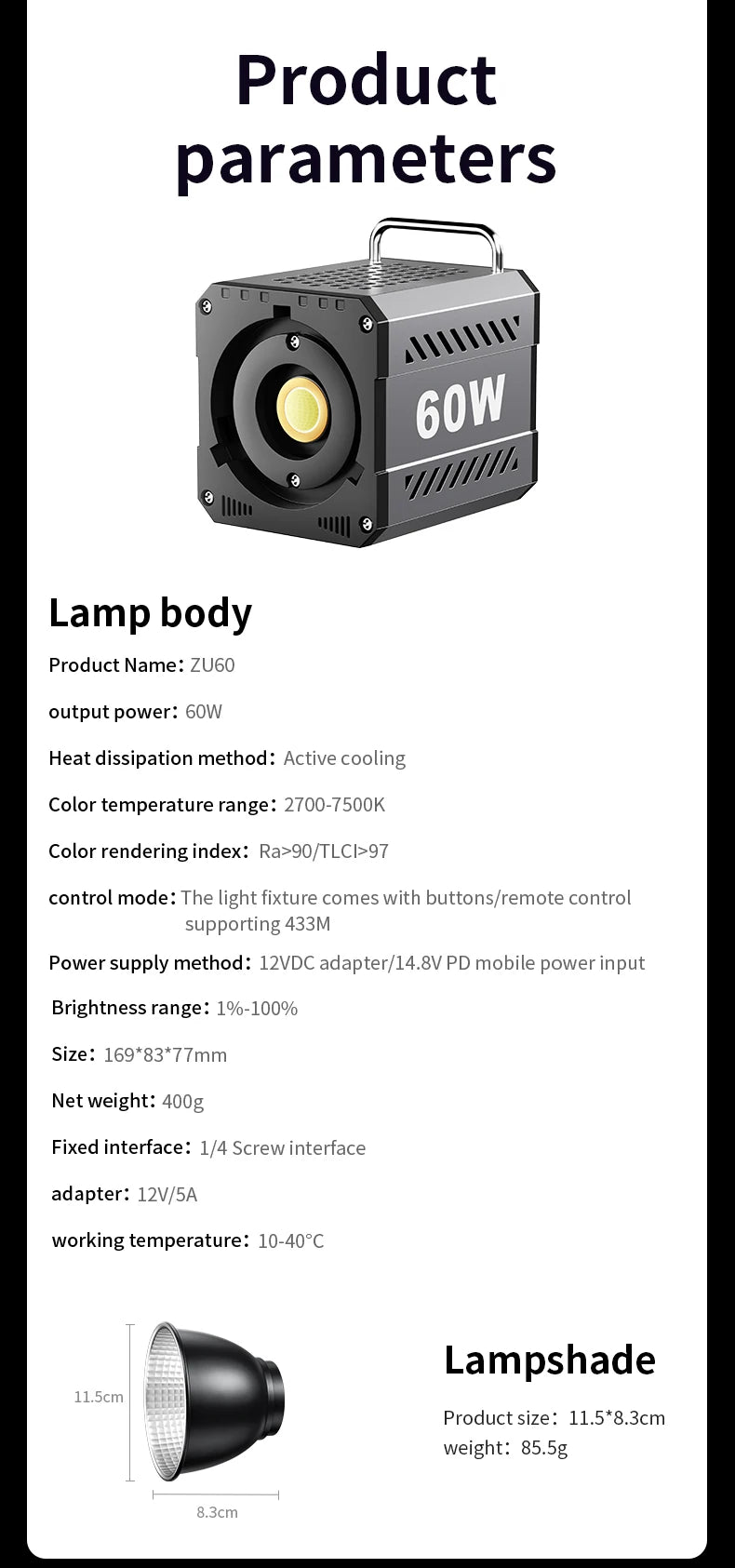 Bi-Color Camera Light 400g Portable 60W COB Continuous Output Lighting CRI≥90 TLCI≥97 Handheld Indoor Outdoor Photography Lights