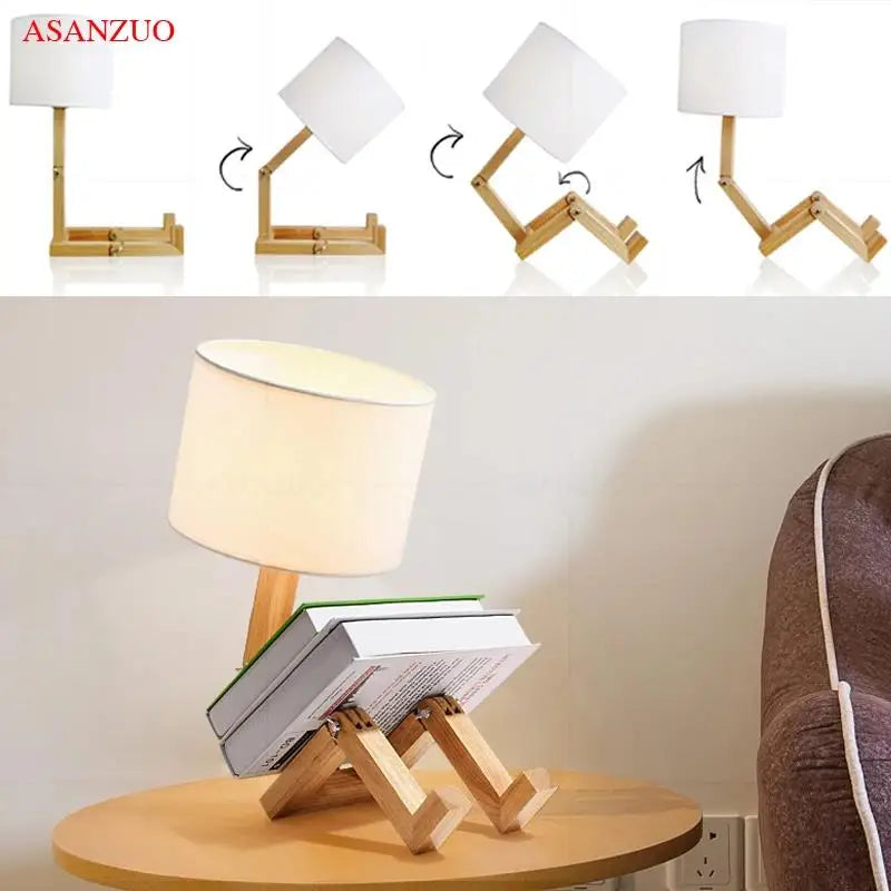 Wooden Robot Shaped Table Lamp Art Decor Home Living Room Bedroom bedside lamps Study Desk Lamp E14 Wood Luminaires