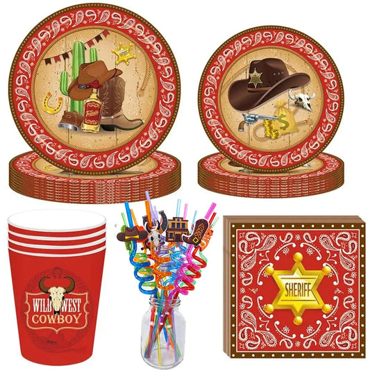 Cowboy Birthday Party Supplies Tableware Paper Plates Paper Cups Napkins Straws Wild West Kids Theme Birthday Cutlery Kit Decor