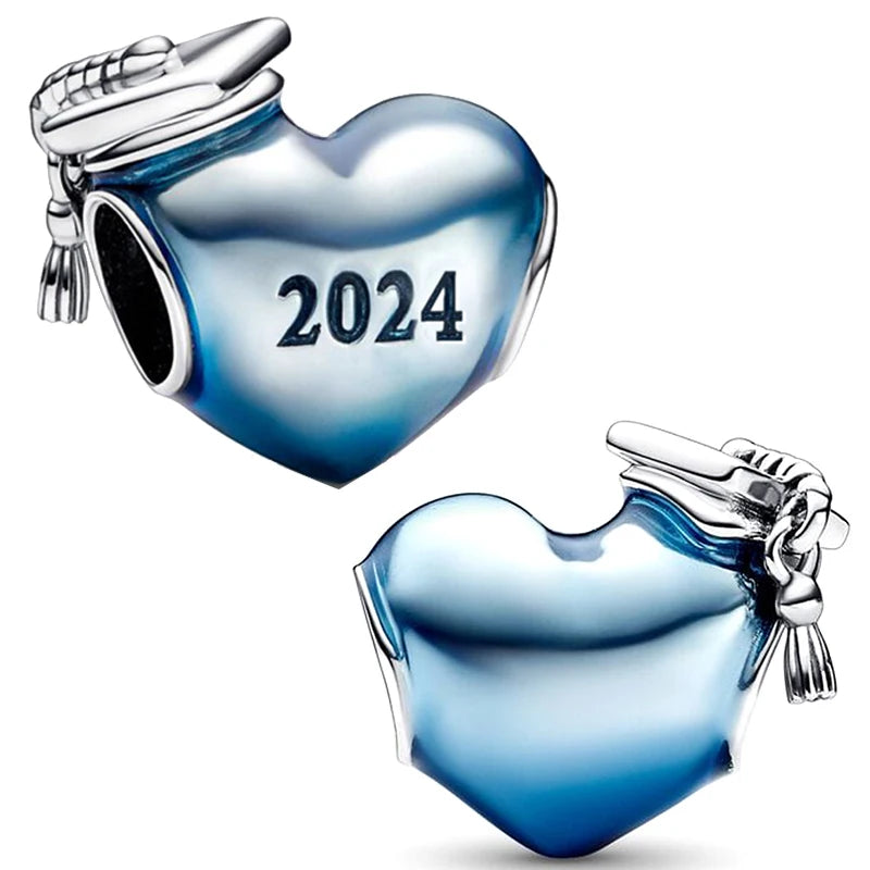 925 Sterling Silver Blue Enamel 2024 Graduation Heart Charm Graduation Cap Fit Pan Bracelet Student Collection Jewelry Gift