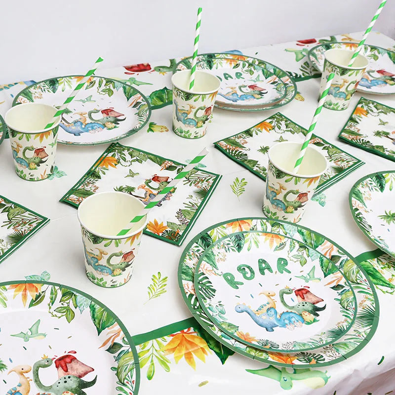 Dinosaur Party Disposable Tableware Set Dinosaur Birthday Decoration Roar Dino Banner Balloons Kids Baby Shower Party Supplies