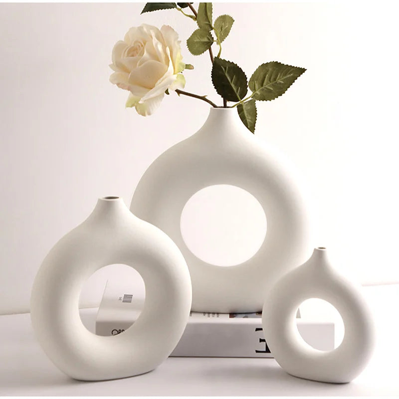 Imitation Ceramic Pure White Vase Single Branch Flower Display Decorative Vase  Arranging Ornament Donut Design Table Decoration