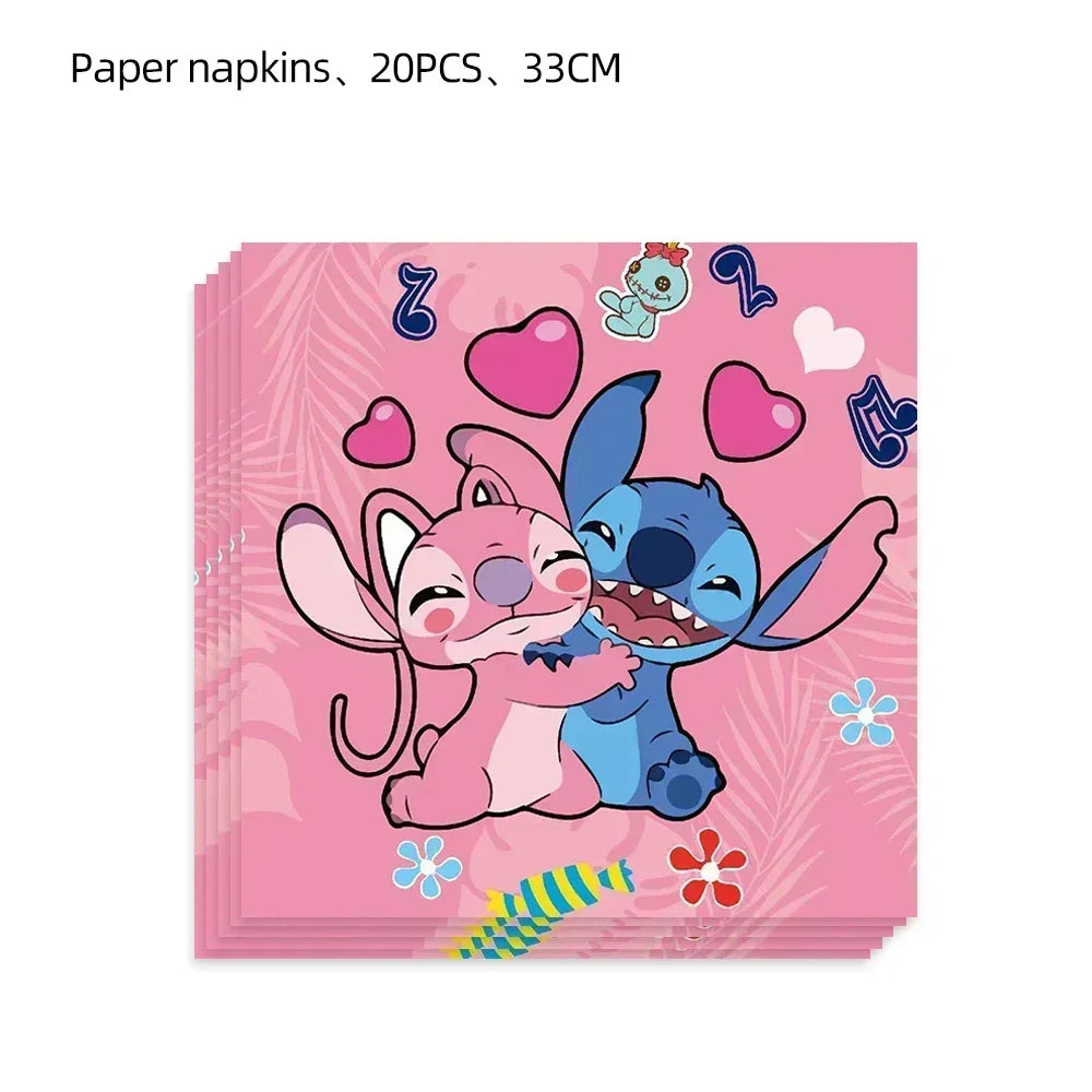 Disney Children's Party Decoration Pink Cartoon Interstellar Stitch Angel Series Disposable Tableware Flag Balloon