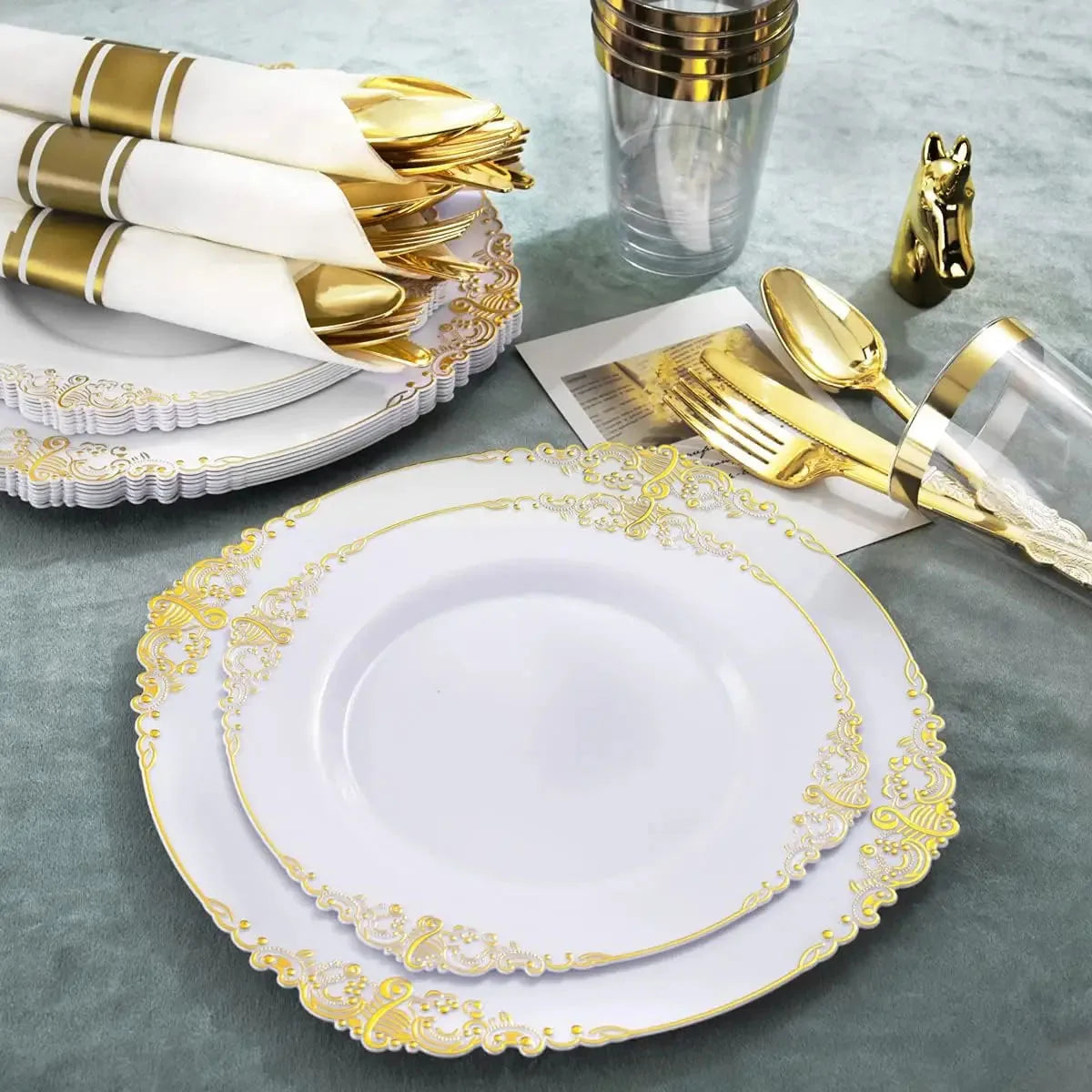 Multi piece set -disposable gold-plated embossed plate with PS hard plastic tableware, knives, forks, spoons for various parties