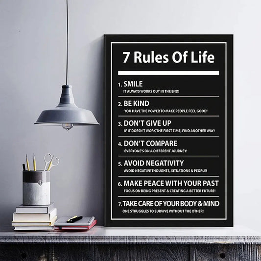 7 Rules of Life: Inspiring Letter Black Prints Motivational Quote Canvas Poster for Home Office Decor