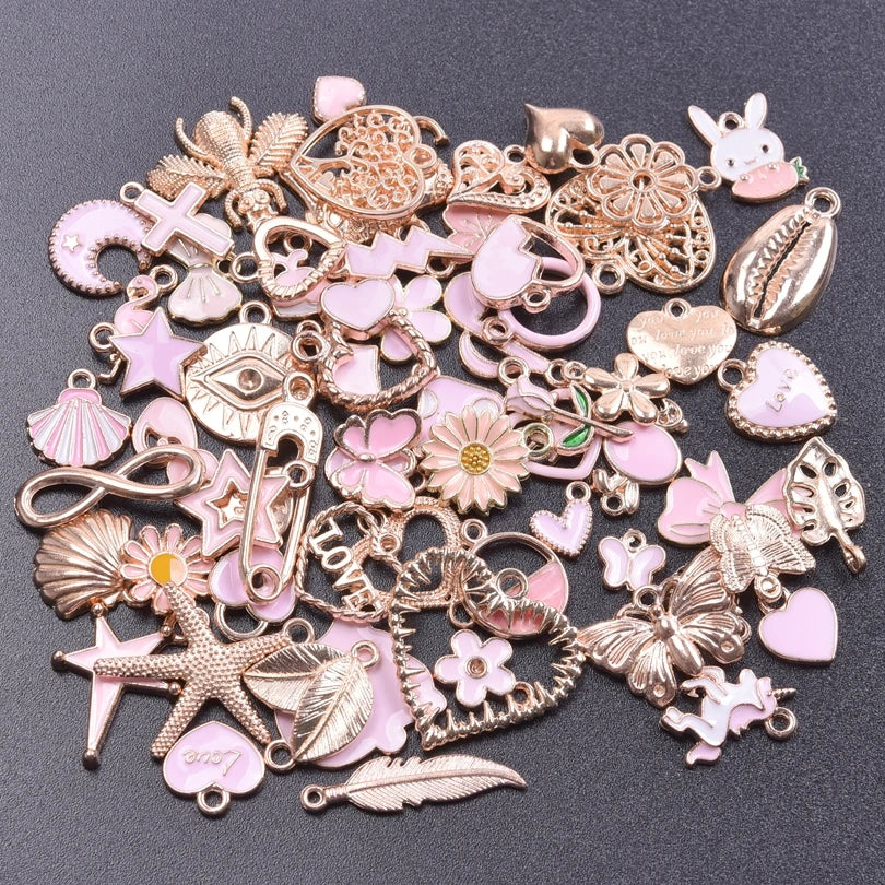 Enamel Alloy Heart Leaves Mushroom Pink Gold Color Charms Shell Starfish diy Women Bracelet jewelry making Mix Pendant Accessory