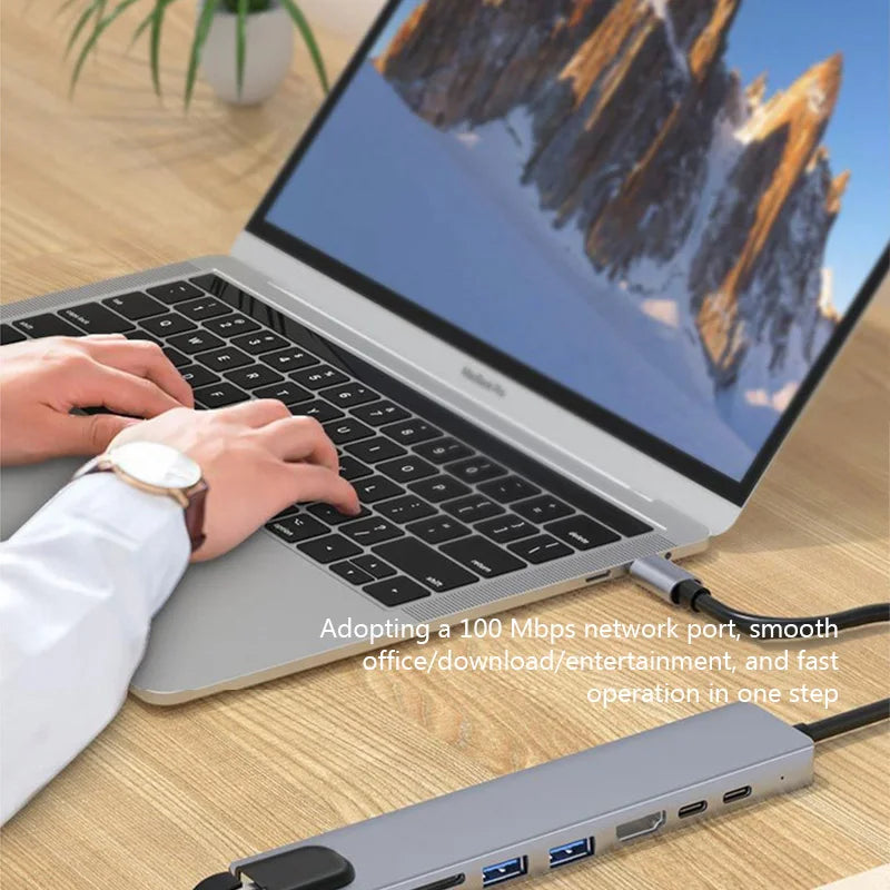 Type C Extender 8 in 1 USB HUB with HDMI Laptop Converter USB C to USB 3.0 2.0 Disk Ethernet Cable Card Reader and Charging Dock