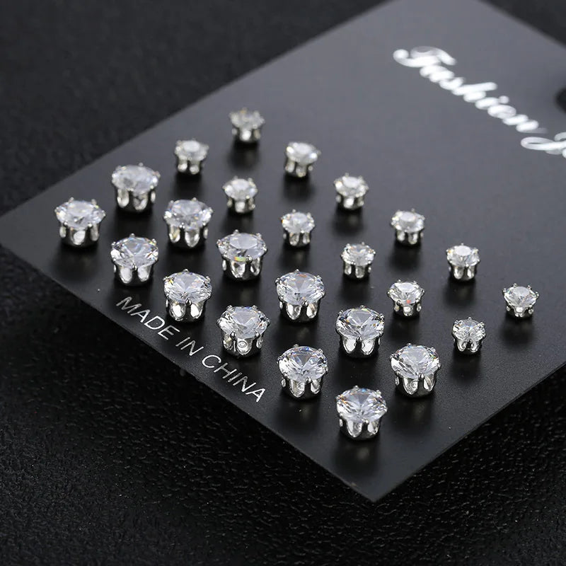 Maximum 12 Pairs Shiny Zircon Stud Earrings Set for Women Men Daily Versatile Chic Silver Color Crystal Ear Jewelry Accessories