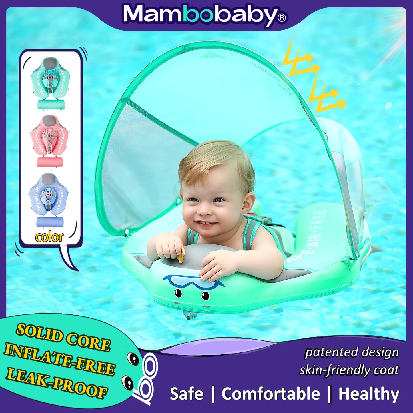 Mambobaby Baby Float with Sunshade Canopy and Crotch Strap Inflatable-free Safe Core Swimming Pool Accessory Bathroom Water Toy