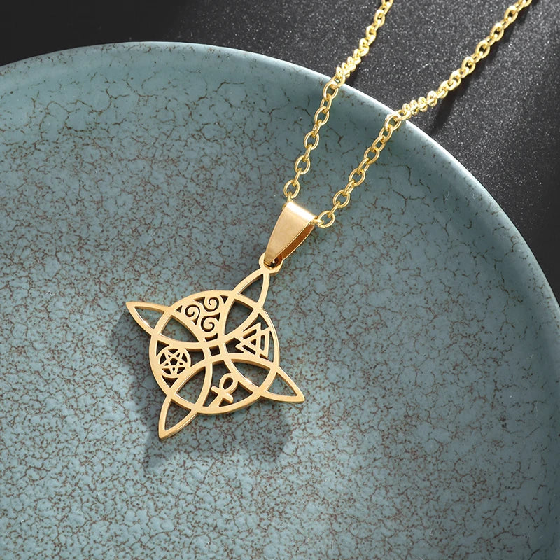 Witchcraft Witch Knot Necklace Irish Trinity Knot Triple Spiral Pendant Stainless Steel Ankh Cross Pentagram Amulet Jewelry