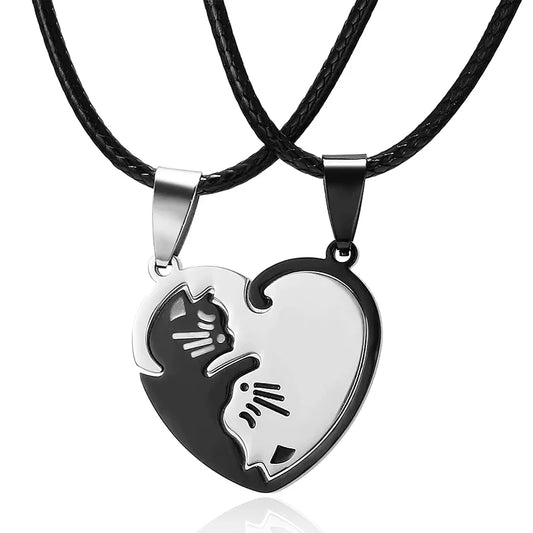 Stainless Steel Love Heart Round Yin Yang Pendant Necklaces Cute Hug Cat Couple Necklace