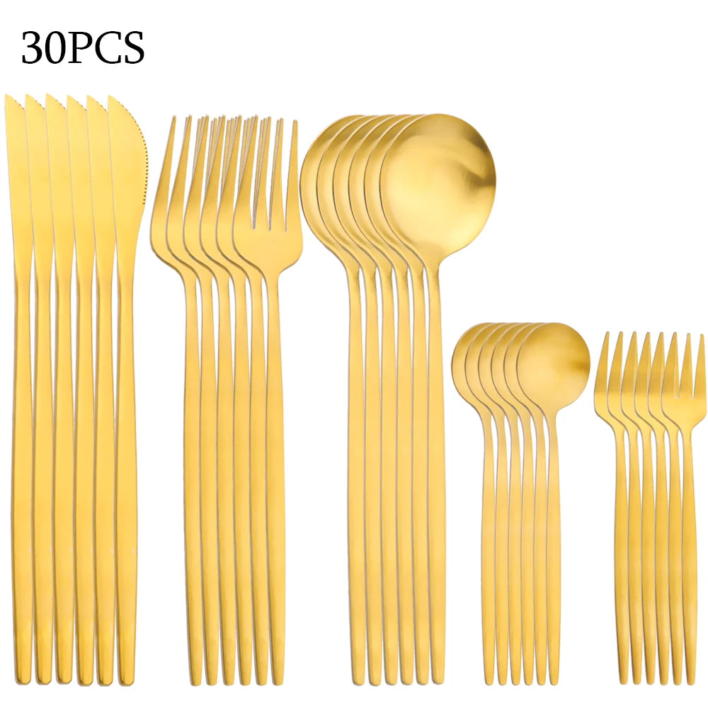 30Pcs Stainless Steel Cutlery Set Dinner Black Dinnerware Set Knife Fruit Fork Spoon Kitchen Tableware Matte Silverware Sets