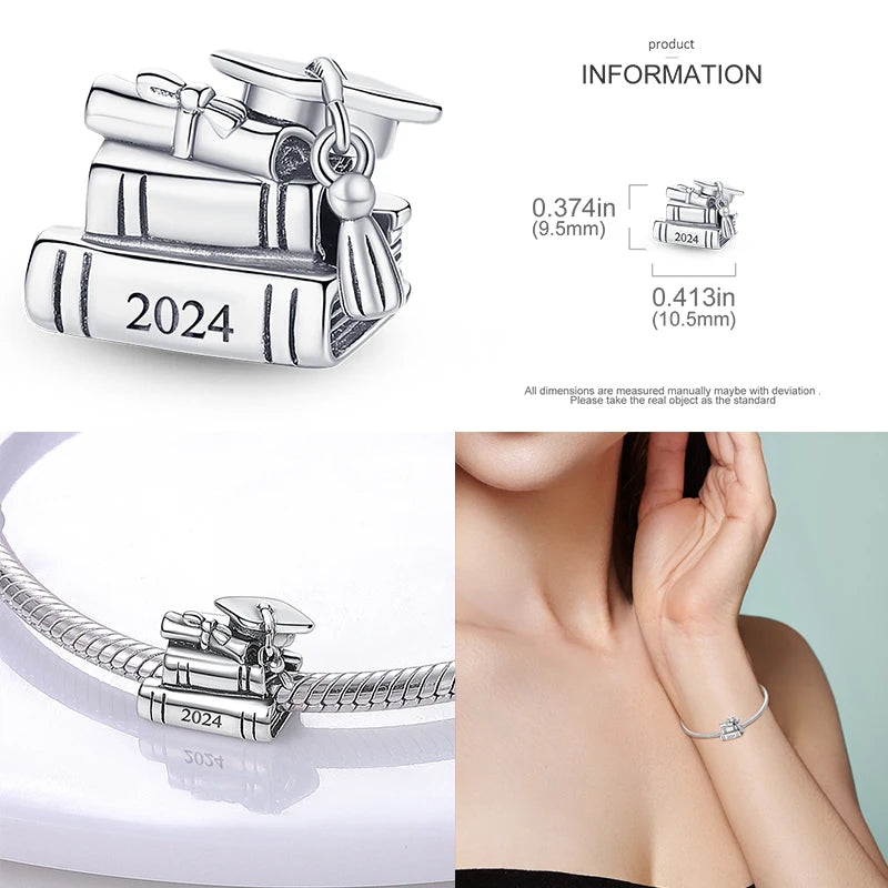 925 Sterling Silver Blue Enamel 2024 Graduation Heart Charm Graduation Cap Fit Pan Bracelet Student Collection Jewelry Gift