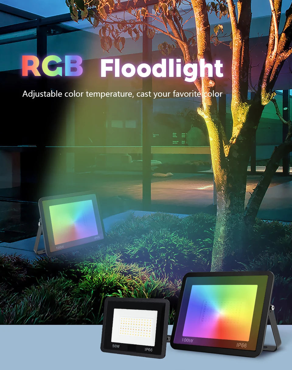 TUYA RGB Floodlight Smart APP Voice Control RGBCW CCT 3000-6500K 30W 50W 100W 220V AC For Garden Party Outdoor Lighting