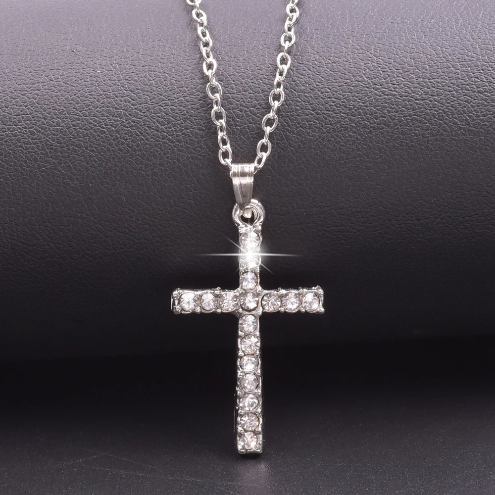 Women Necklace Jewelry Chain Fashion Cross With Rhinestone Pendant Necklace Stainless Steel Choke Ring Women Accessories New