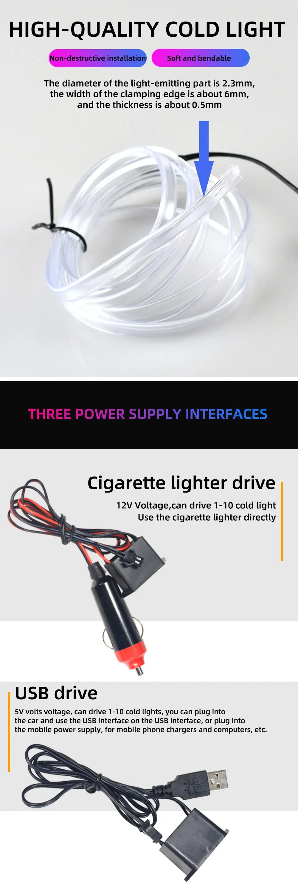 5M EL Wiring Neon Strip with USB LED Car Interior Decoration Light DIY Flexible Ambient Light Car LED Strip Soft Rope Tube