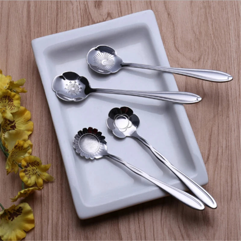 8pcs Stainless Steel Cherry Rose Flower Gold Scoop Coffee Spoon Gifts Kitchen Dessert Tea Accessories Tableware Decoration Set