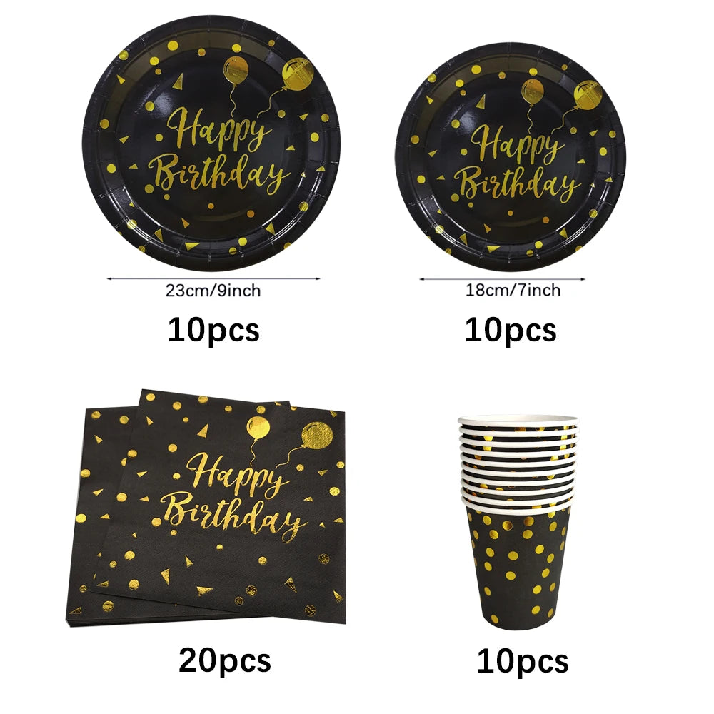 Black Gold Birthday Disposable Tableware Set Paper Plates Cups Napkins Tablecloth Adult Happy Birthday Party Decoration Wedding