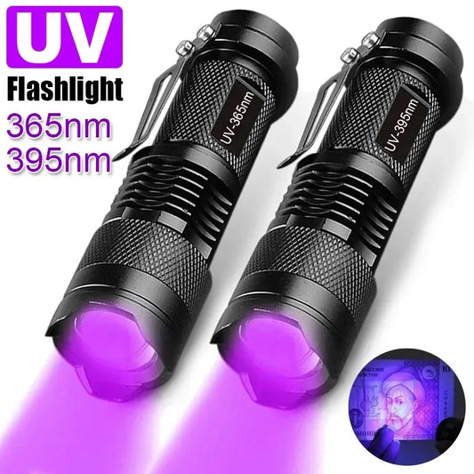 UV Portable Flashlight 365/395nm Black Light Mini Flashlight Zoom LED Ultra Violet Flashlights for Fluorescence Detection Torch