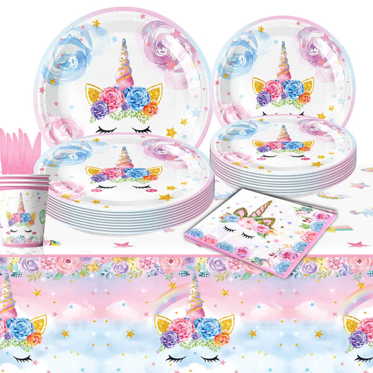 unicorn  Theme Birthday Party Decorations Disposable Tableware Set Paper Plates Napkins Cups