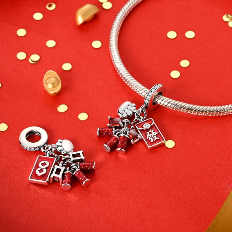 New 925 Sterling Silver New Year Series Lucky Cat God Of Wealth  Lion Dance Pendants Charms Beads Fit DIY Bracelets Jewelry Gift