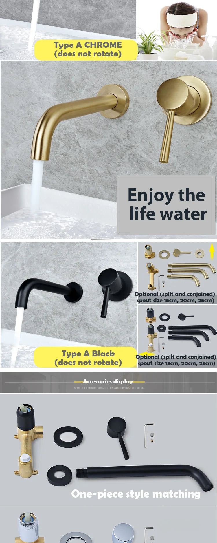 Bathroom faucet hot and cold wall mounted brass basin mixer sink tap washbasins single handle matt black White gold set shower