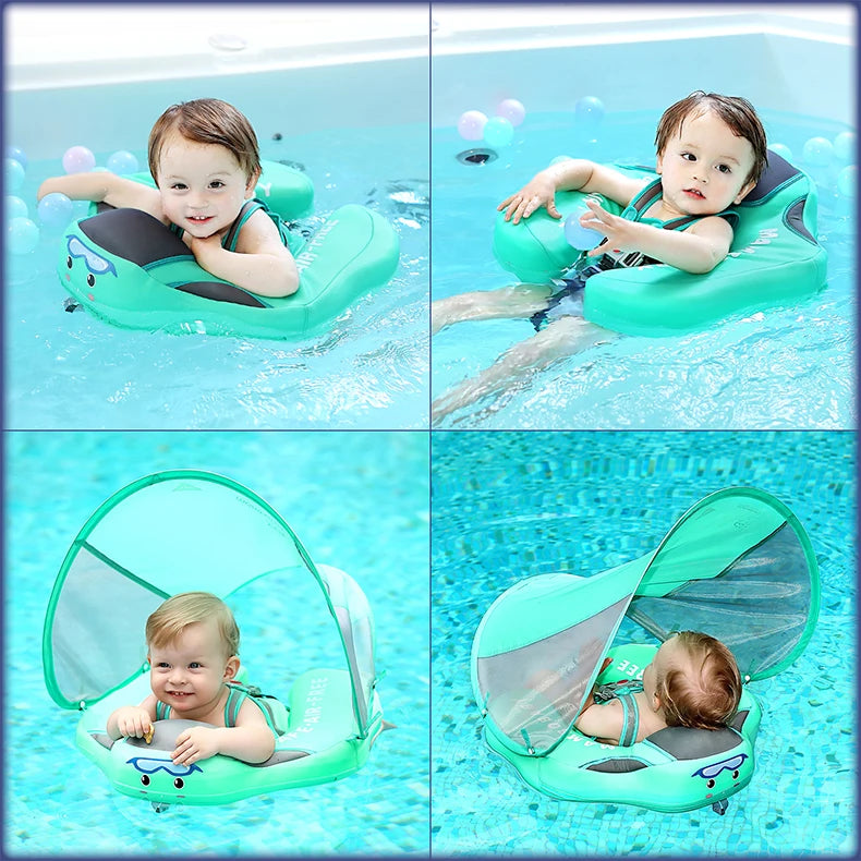 Mambobaby Baby Float with Sunshade Canopy and Crotch Strap Inflatable-free Safe Core Swimming Pool Accessory Bathroom Water Toy