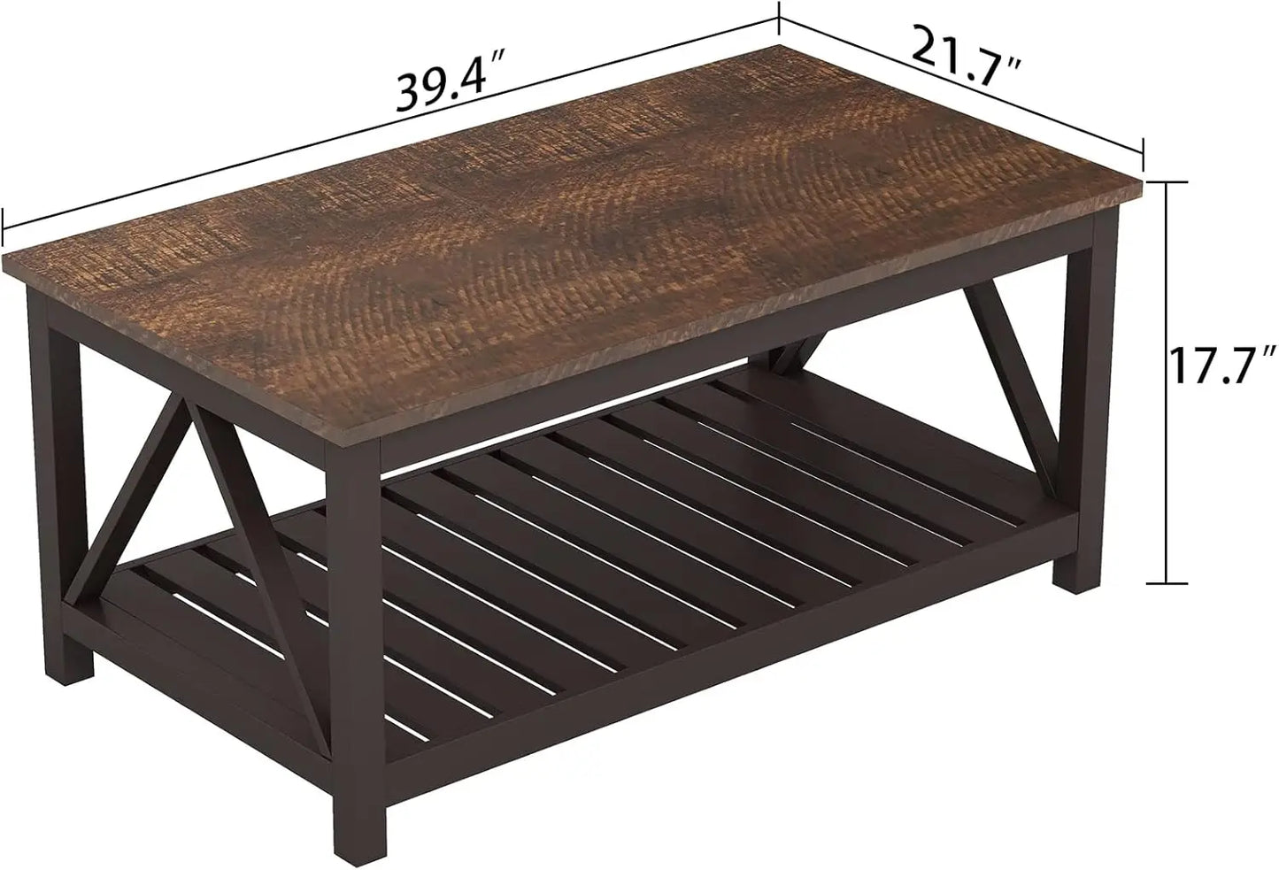 Farmhouse Coffee Table, Rustic Vintage Living Room Table with Shelf, 40 Espresso