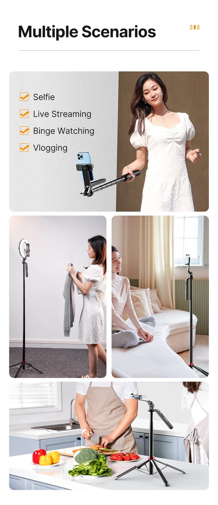 Ulanzi MA09 1.8m Selfie Stick Tripod for iPhone 16 15 14 13 12 Pro Max Phone with Remote Control with Panoramic Ball head Holder