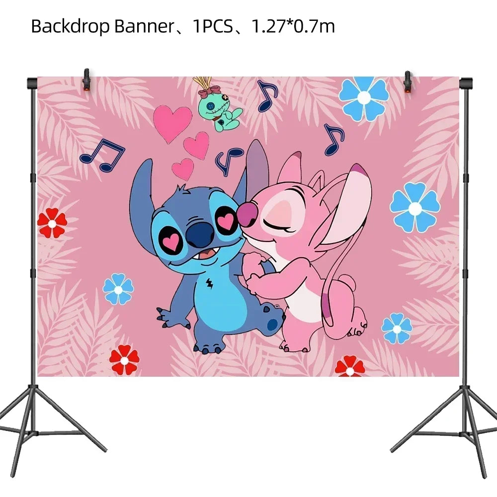 Disney Children's Party Decoration Pink Cartoon Interstellar Stitch Angel Series Disposable Tableware Flag Balloon