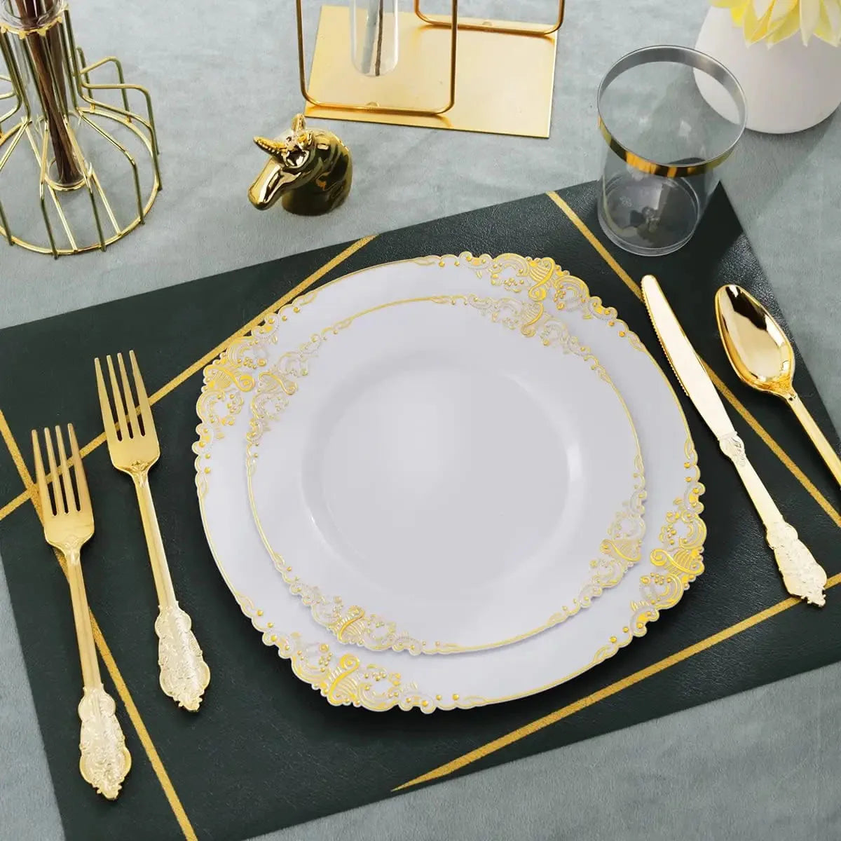 Multi piece set -disposable gold-plated embossed plate with PS hard plastic tableware, knives, forks, spoons for various parties