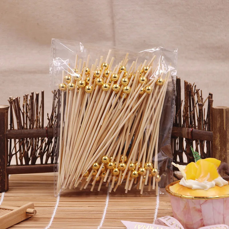 100Pcs Wedding Pearl Disposable Bamboo Skewers Wooden Cocktail Picks Fruit Picks Snack Fork Skewer Wedding Party Supplies