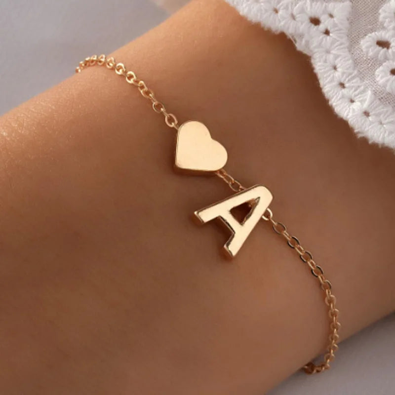 26 Letter Heart Bracelet With Heart Pendant Fashion DIY Personalized Bracelets Girls Women Anniversary Jewelry Gift