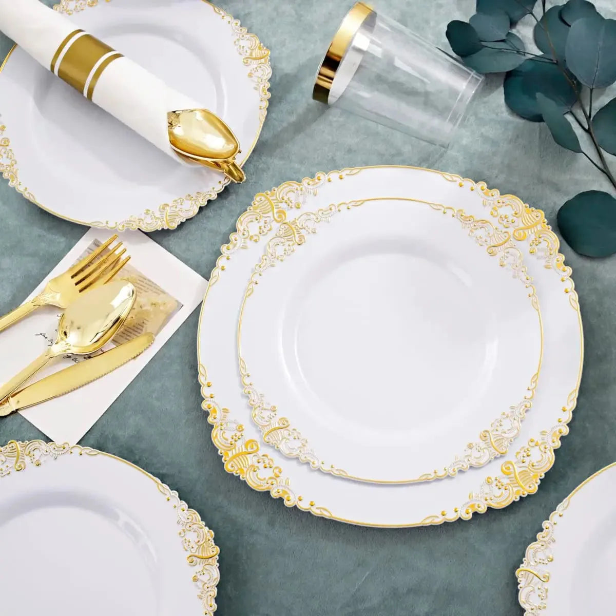 Multi piece set -disposable gold-plated embossed plate with PS hard plastic tableware, knives, forks, spoons for various parties