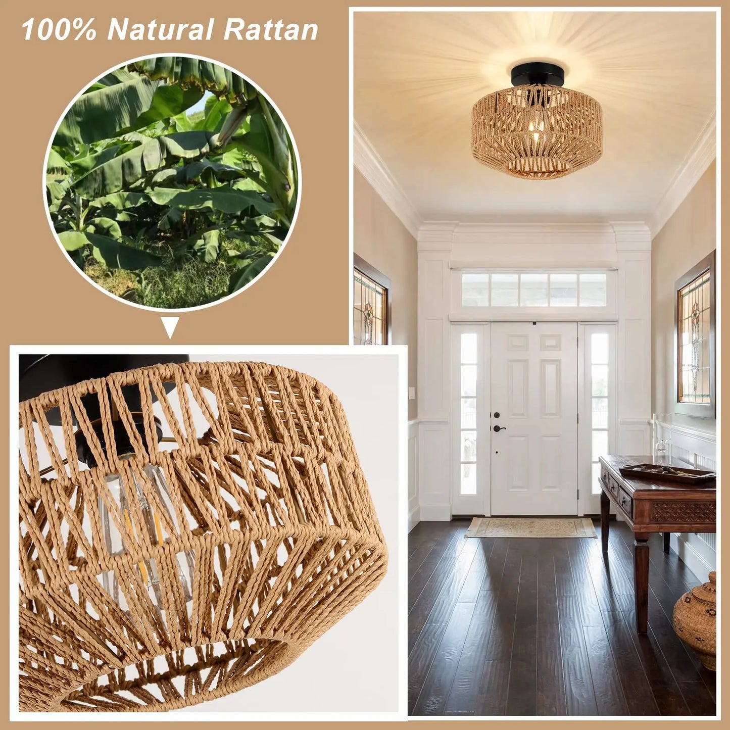 Rattan Ceiling Lamp E27 LED Lights Hand Woven Bedroom Hanging Lamps For Ceiling Light Modern Home Decoration Light Fixture