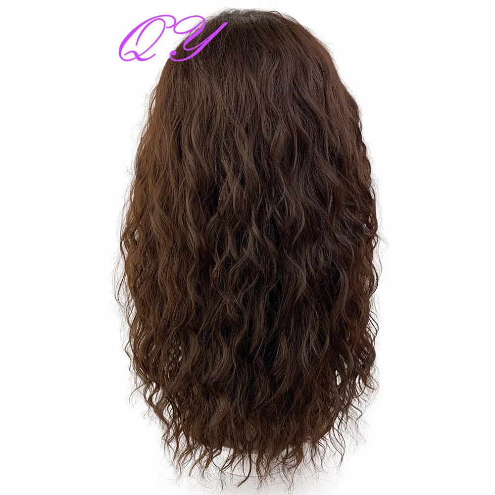 Synthetic Men Wig Natural Curly Dark Brown Color Male Wig With Bangs Water Wave Daily or Cosplay Adjustable Man Hair Wig