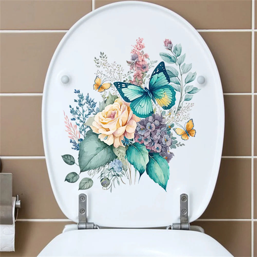 Butterfly Flowers Bathroom Toilet Wall Sticker Self-Adhesive Waterproof Removable Decals For Restroom WC Toilet Lid Decorations