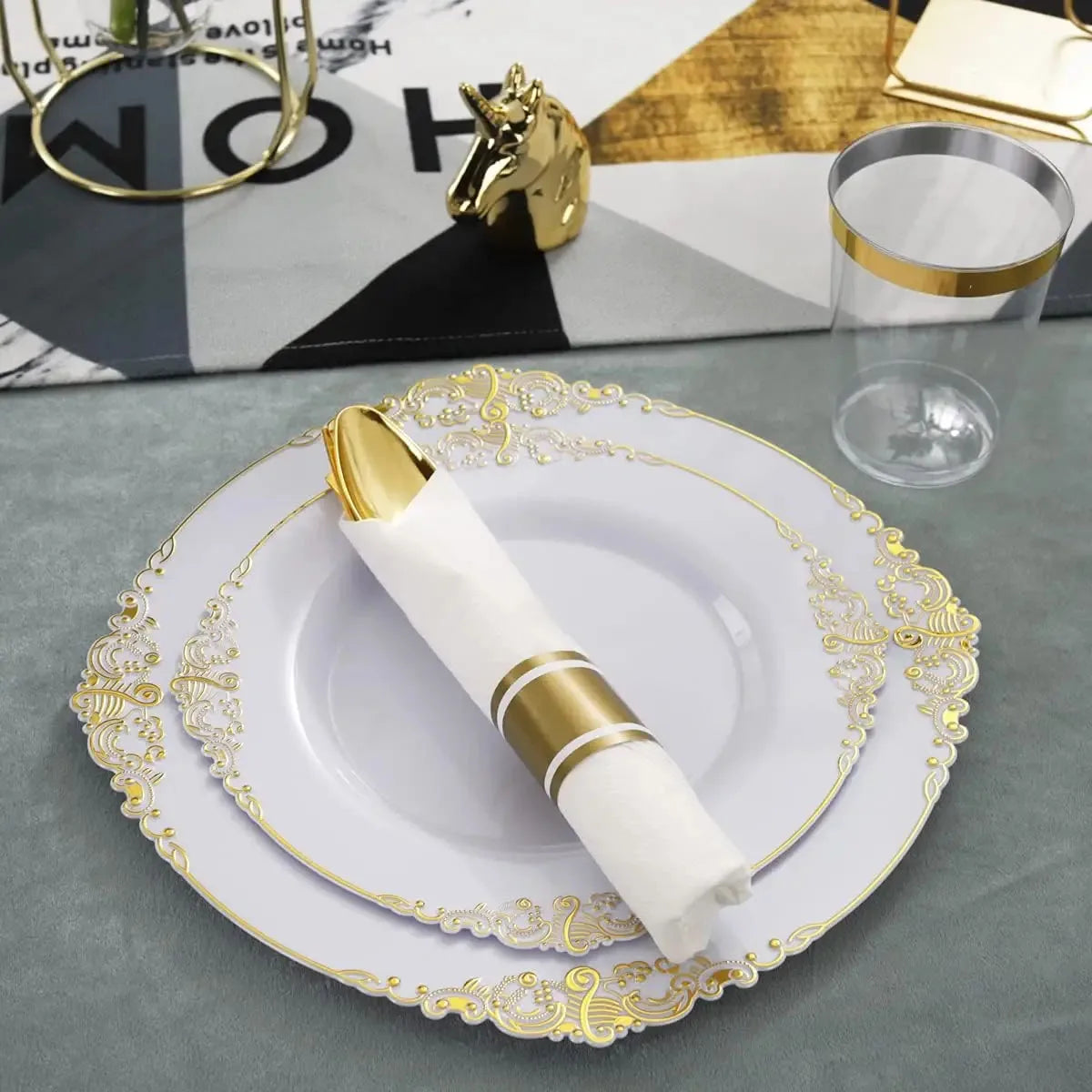 Multi piece set -disposable gold-plated embossed plate with PS hard plastic tableware, knives, forks, spoons for various parties